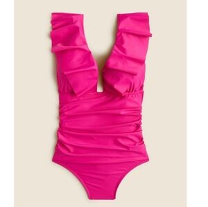 NWT J. CREW Ruched Ruffle One Piece Swimsuit Hot Pink Preppy Barbie Size 0